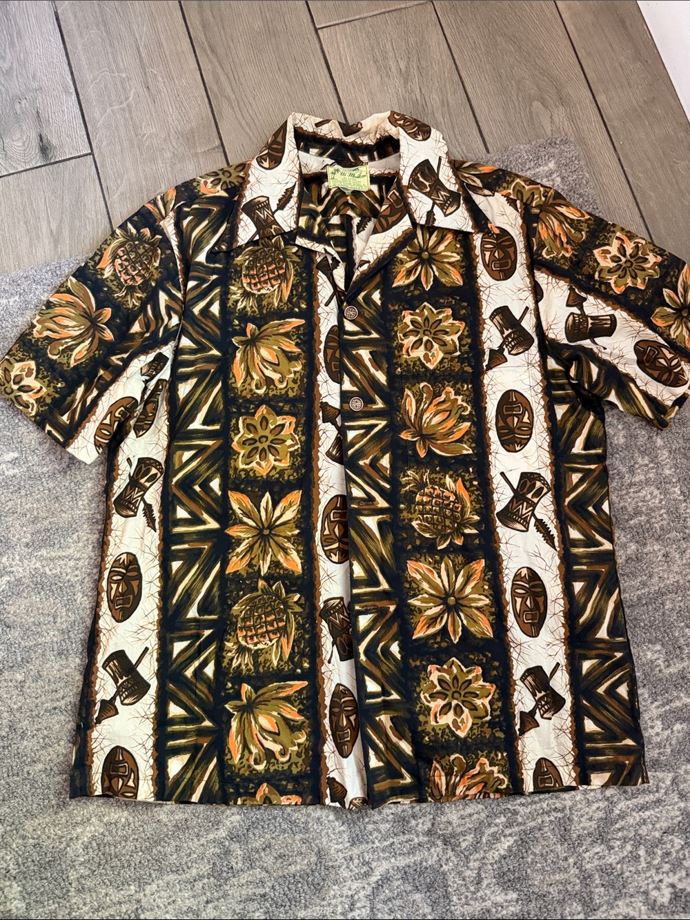 Vintage Ui Maikai Hawaiian Aloha Shirt Mens Size Floral Mask Drums Tiki